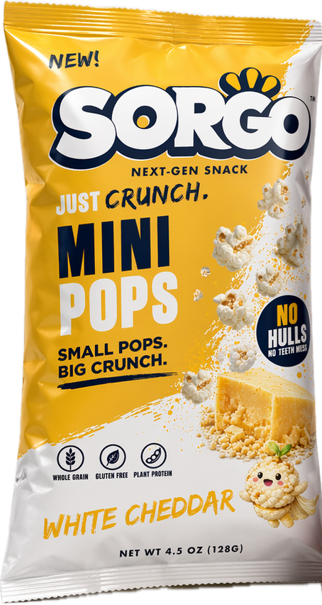 SORGO White Cheddar Mini Pops bag — non-GMO popped sorghum snack