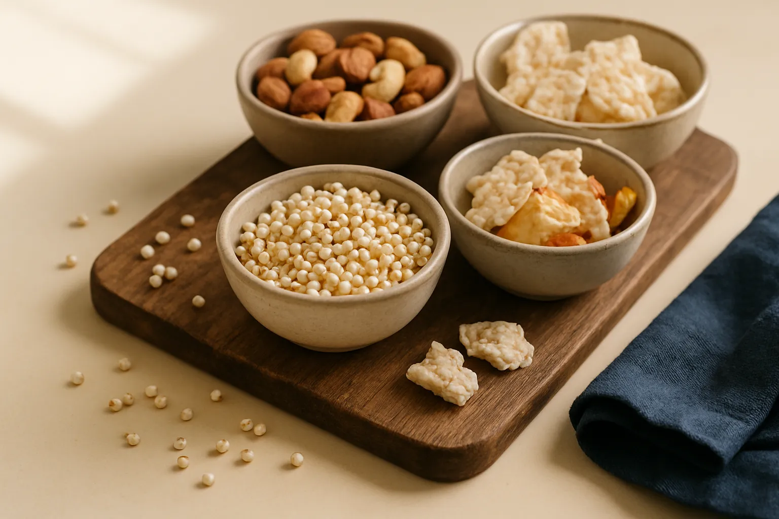 Best gluten free snacks displayed on a table including popped sorghum and healthy options