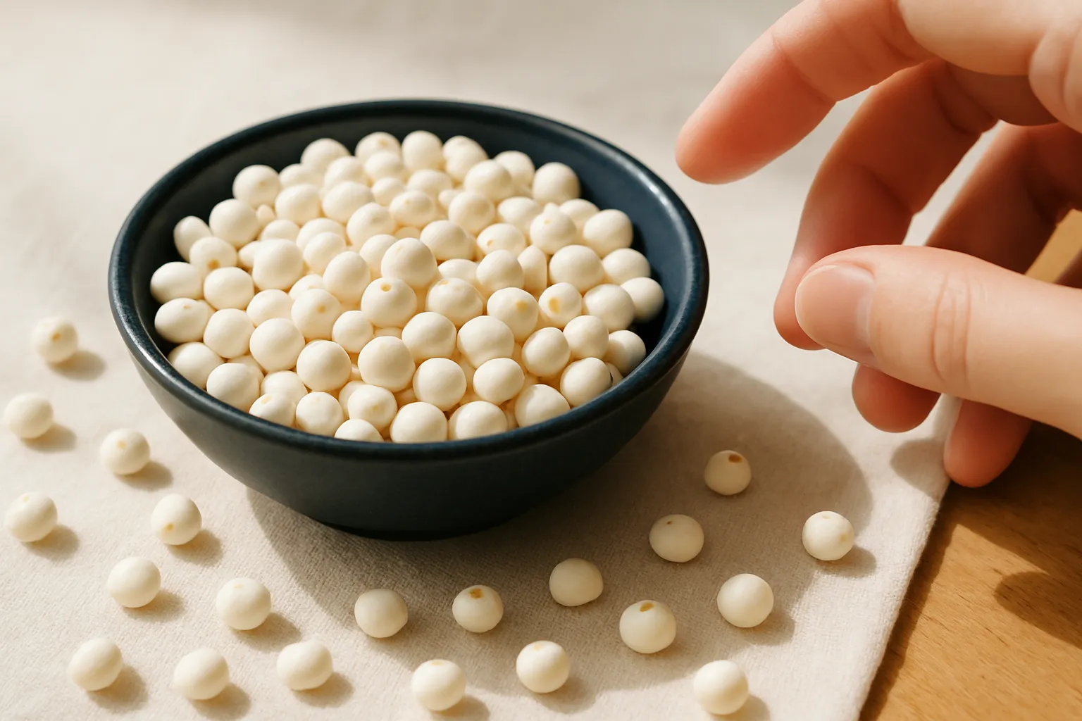 Bowl of sorghum popcorn showing small round popped sorghum kernels