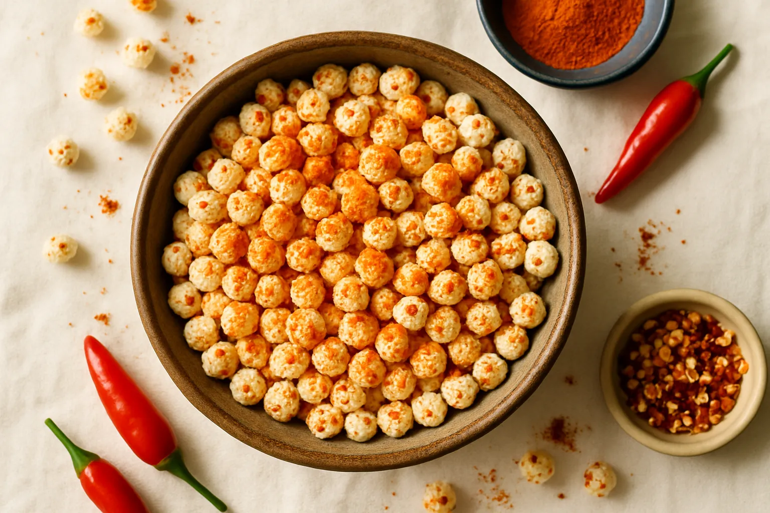 Bowl of spicy popcorn with red chili seasoning and cayenne pepper
