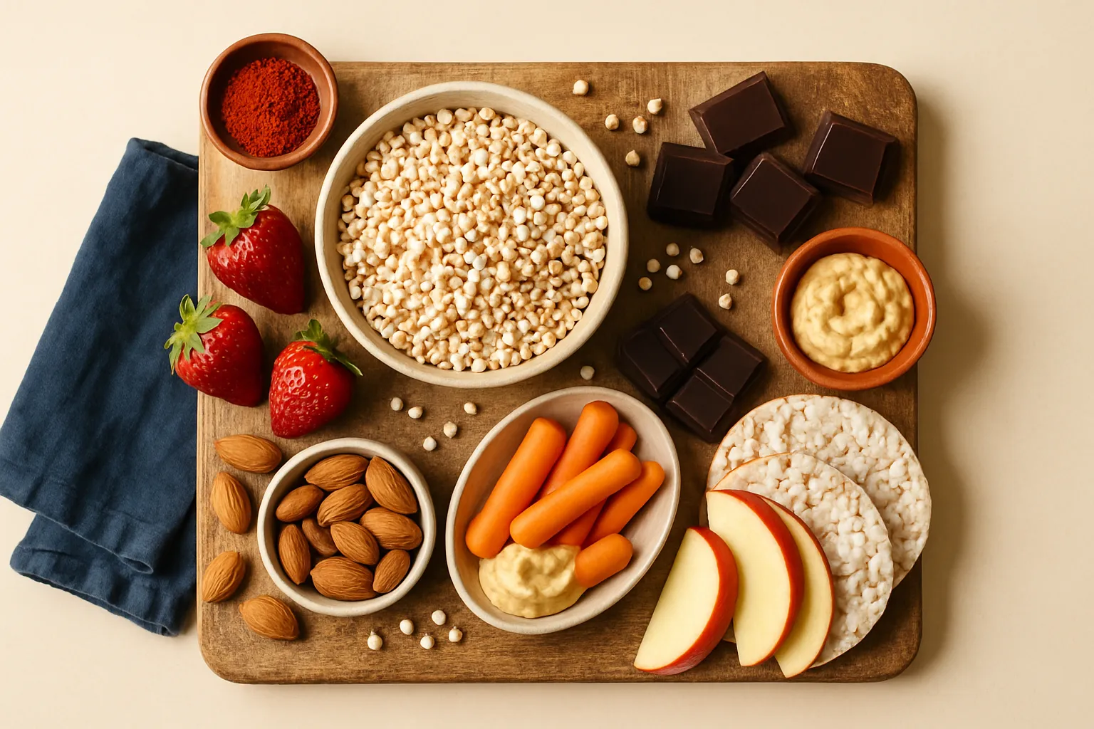 Colorful array of vegan snacks including popped sorghum, fresh fruit, nuts, and vegetables