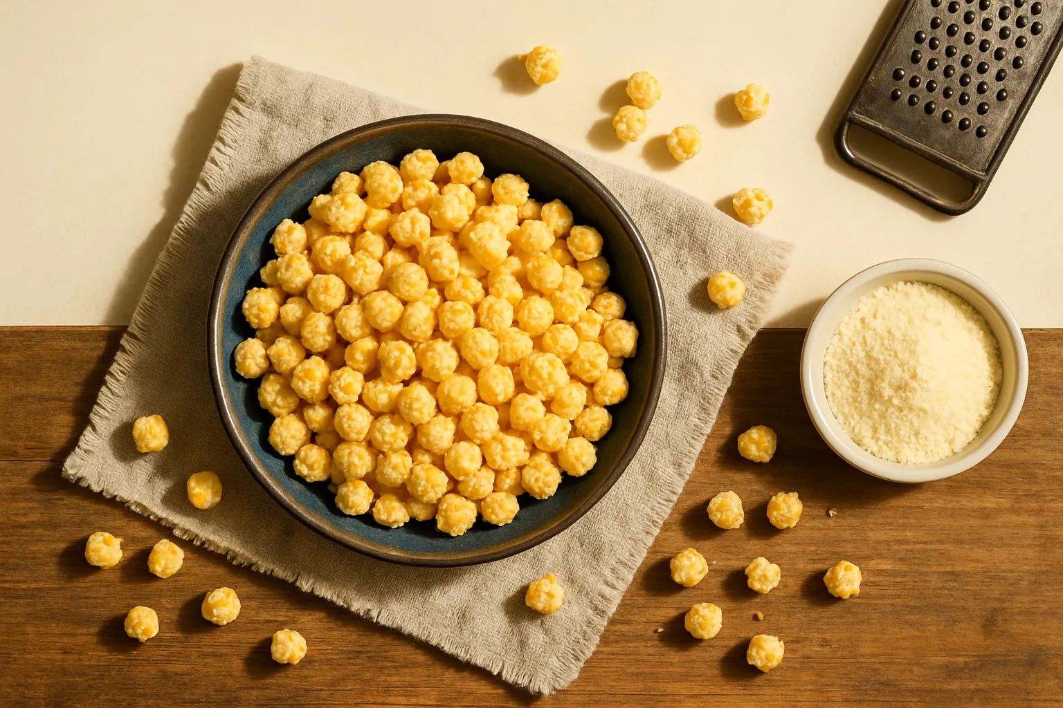 Bowl of white cheddar popcorn with cheese powder coating