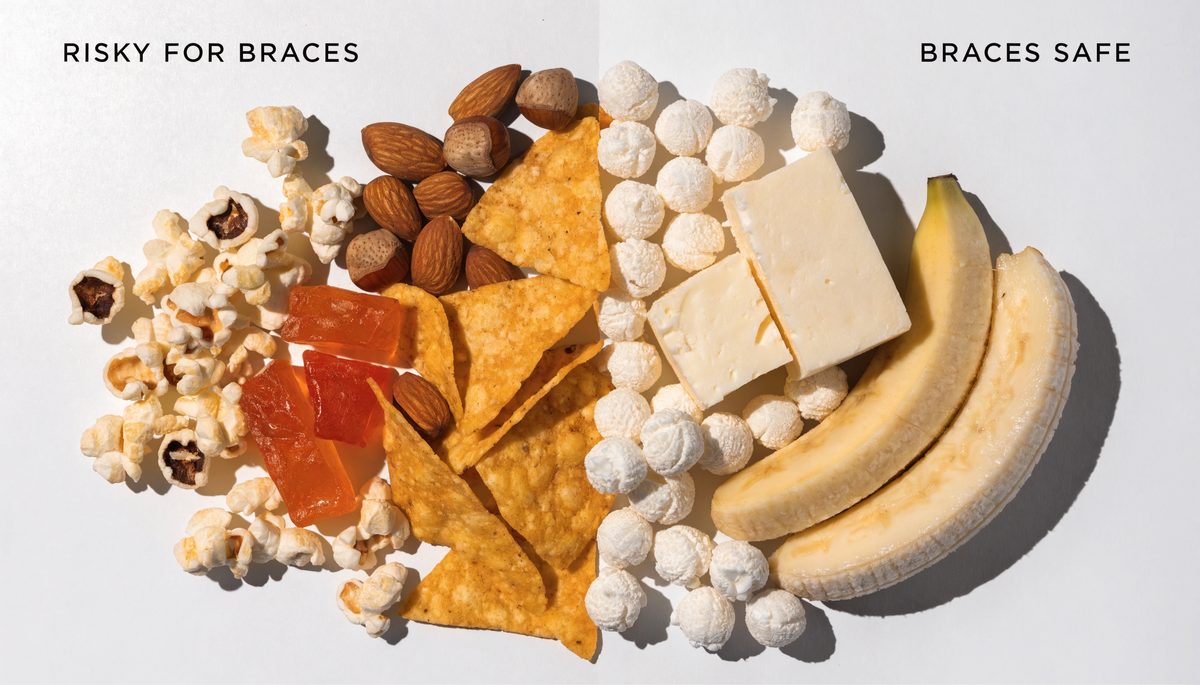 Split comparison showing risky snacks for braces on left (popcorn, candy, nuts) versus safe snacks on right (popped sorghum, cheese, banana)